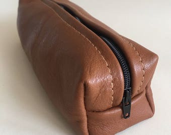 Leather Pencil case, leather makeup bag, cosmetic case, handmade genuine tan leather