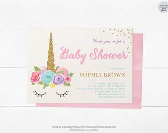 Dreaming Unicorn Baby Shower Invitation Card - DIY Printable Digital File - Pink, Silver, Glitter - Watercolor Magical Pastel Baby Shower