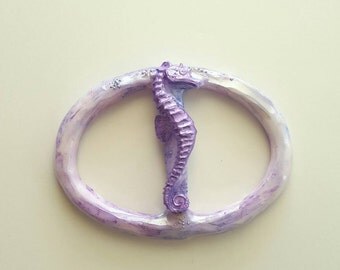 Lavender Seahorse Scarf Slide, Shawl Clip, scarf ring, Shirt Clip in purple pearl