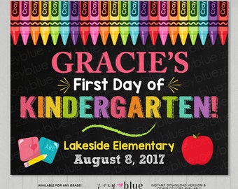 First Day of School Sign - Girl 1st Day of Kindergarten Prek Preschool Chalkboard Sign - Personalized Photo Prop - Printable Digital File