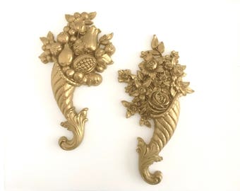 Hollywood Regency Gold Wall Decor Cornucopia Fruits Flowers Molded Resin Plastic Kitsch Syroco 1960s Horns of Plenty Ornate Rococo