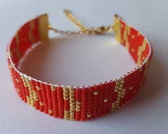 Bracelet perles de verre Miyuki rouge et doré tissé à la main. Ajustable