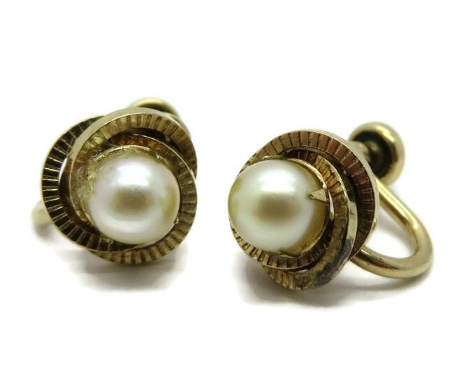 A&Z Faux Pearl Gold Filled Earrings, Vintage Screw Back Earrings