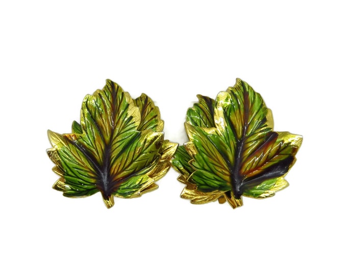 Vintage Weiss Green and Gold Tone Leaf Clip-on Earrings