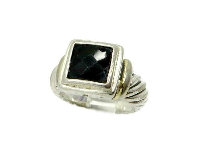 Vintage Black Gemstone Sterling Silver Ring, Faceted Spinel, Scrolled Band Ring, Size 5.5