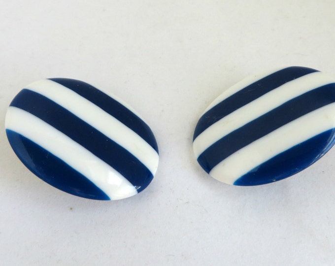 Vintage Blue and White Striped Lucite Oval Clip-on Earrings