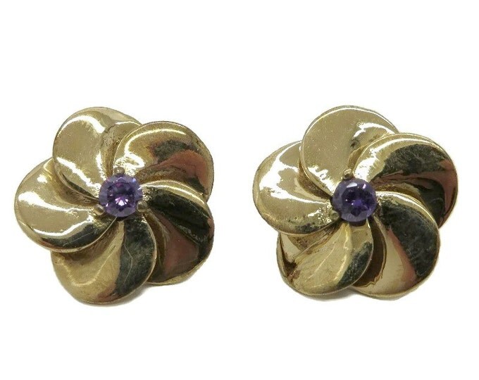 Vintage Sterling Silver Pansy Earrings | Vintage Faux Amethyst Flower Earrings | Huggie Pierced Earrings