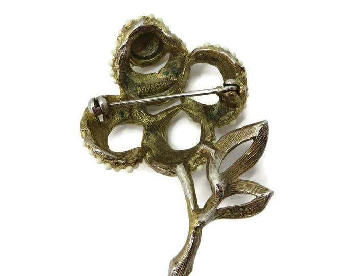 Vintage White Beaded Flower Brooch, Signed Kramer Gold Tone Floral Pin, Missing Beads