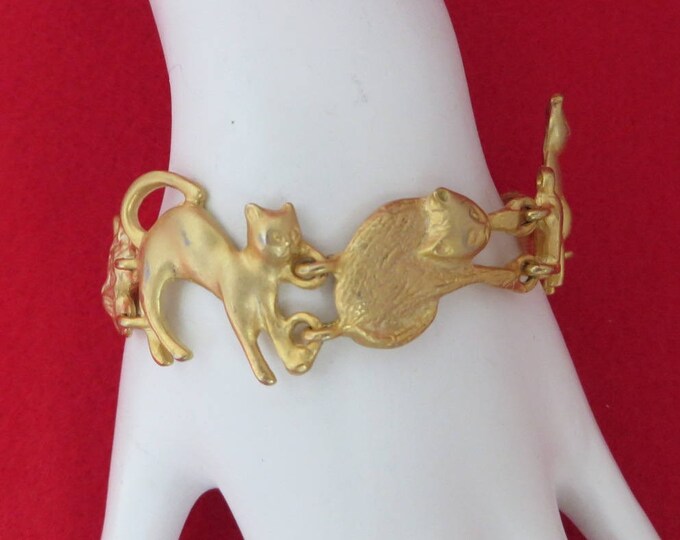 Vintage Cat Bracelet, AJC Jewelry, Cat Lovers Bracelet, Gold Tone Link Bracelet