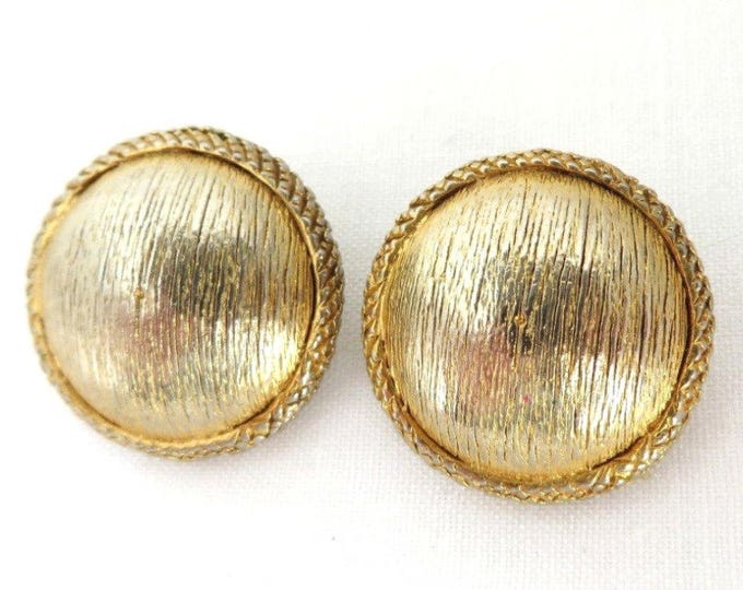 Hattie Carnegie Button Earrings Vintage Gold Tone Textured Clip-ons, Round Braided Signed Designer Earrings