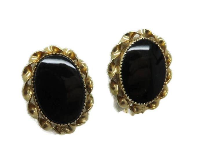 Earrings, Black Onyx Earrings, Gold Filled Earrings Vintage 1/20 12K GF Faux Onyx Screw Back Earrings, Gift for Her