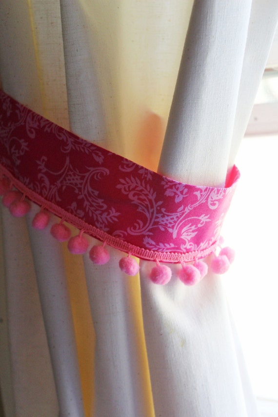 Curtain Tie Backs Fushia Hot Pink Set of 2 Pom Pom Trim Option