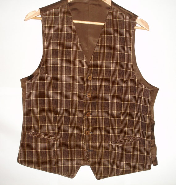 Plaid velvet fabric vest mens plaid vest checkered brown vest