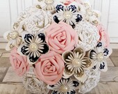 Paper flower rose bouquet origami kusudama book pink blush navy blue gold ivory pearl literary fairy-tale theme brooch silk foam alternative