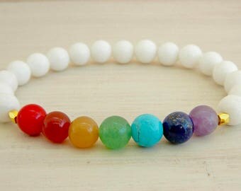 Mala Chakra 7 Chakra Bracelet, White Agate, Men and Women Unisex Bracelet, Yoga, Reiki, Meditation, Free Shipping