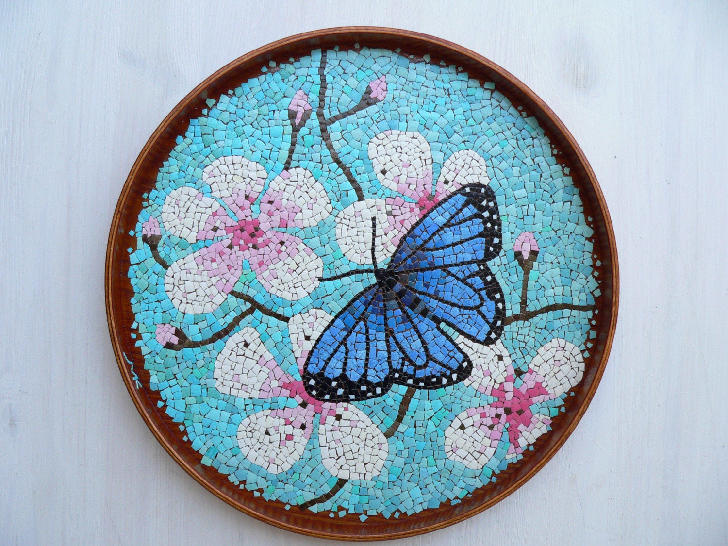 Blue Butterfly Cherry Blossom Mosaic Plate Egg Shell Mosaic