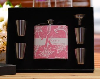 Personalized Flask for Women, Bridesmaid Gift, Pink Flask Gift Set