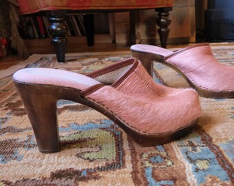 Vintage Pink Fur Platform Shoe Vintage High Heel Clog Shoe