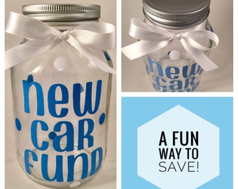 Custom piggy bank-personalized mason jar bank- new car fund- piggy banks- honeymoon fund- custom banks- mason jars- cute piggy banks