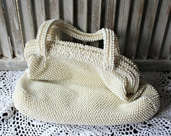 Vintage! White. Handbag. Corde Bead. Purse. Wedding. Very cute! 1950s.