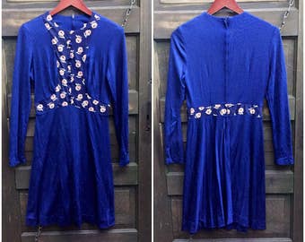Vintage 60's Navy Blue with Floral Accents Mod dress by Malibu Media size medium