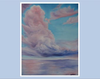 Original 18x24" Oil Painting - Giant Fluffy Cotton Candy Clouds Over Ocean Wall Art