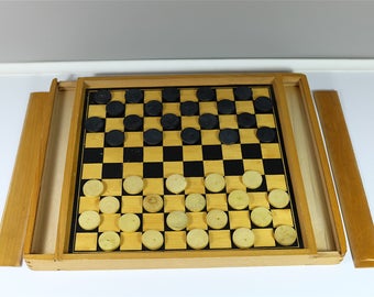 Vintage wooden checkers and "petits chevaux" games - French board game - Beech wood board checkers game horse - Vintage Wooden Checkerboard