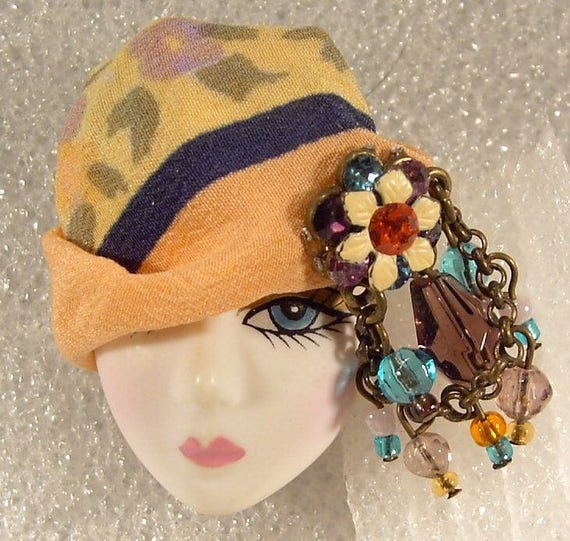 Brooch Lady Head Hat Brooch Pin Porcelain Look Face Silk Hat