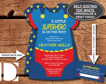Superhero Baby Shower Invitation, Onesie Invitation, Superhero, Blue and Red, Superman, Self-Editing PDF Invite, BONUS Diaper Raffle Tickets