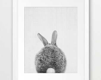 Bunny Tail Print, Nursery Animal Wall Art, Woodlands Animal Print, Black And White, Cute Bunny, Rabbit Photo, Kids Room Decor, Printable Art