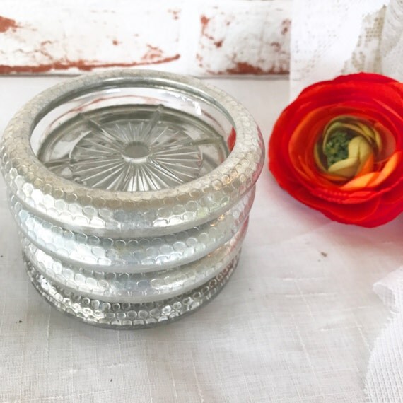4 Vintage Glass Coasters set Silver rim clear trinket dish