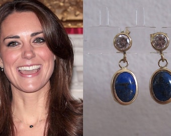 PRE-ORDER Kate Middleton Duchess Cambridge Inspired Replikate Navy Blue Gold Cabochon Sapphire Lapis Lazuli Oval Drop Engagement Earrings