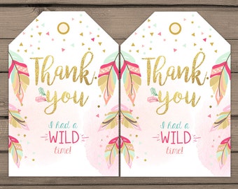Wild One Favor tags Wild One birthday Thank you tags Label tags Feathers Gift tags Boho Tribal Pink gold Girl birthday Digital PRINTABLE bwo