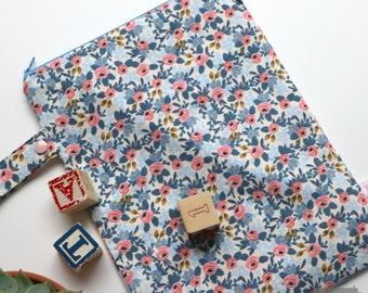 Wet / Dry Bag - Re-useable - Les Fleurs by Rifle Paper Co Rosa Floral Cream and Blue - Baby and Kid Travel - Girl - flowers - Cloth Diapers