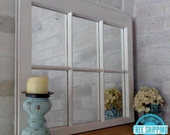 FREE SHIPPING - Rustic Country 6 Pane Window Mirror by Lane of Lenore - Mirror -Wall Mirror - reclaimed window - painted mirror - White