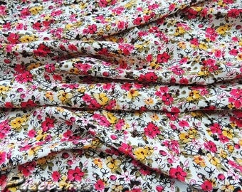 Pink floral cotton fabric. Cotton poplin. Summer dress fabric. Small print fabric. Pink yellow flowers fabric. Dress material Floral pattern
