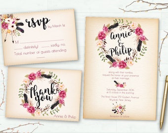 Invitación de la boda, invitación de la boda Boho, Digital imprimible, Floral invitación, invitación de la boda rústica, Suite para imprimir