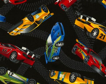 Race Cars Fabric Fat Quarter, Third Yard, Half Yard, or By The Yard; C5401; Timeless Treasures; Novelty Fabric; Juvenile; Cars