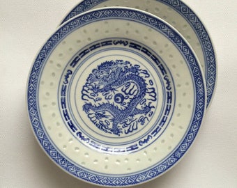 Assiette Porcelaine De Chine Grain De Riz Wanyu - Décor Dragon Début XXème - Bon état