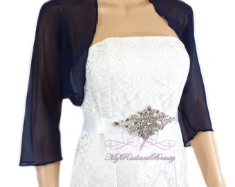 Navy Blue Chiffon Jacket, Wedding Bolero, Silk Jacket, Wedding Wrap, Shrug Bolero, Bridal Bolero, Faux Fur Wrap, Chiffon Scarf LCJ108-N