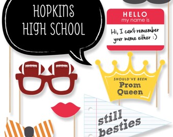 20 pc. Class Reunion Photo Booth Props - Class Reunion with Mustache, Hat, Bow Tie, Glasses and Custom Talk Bubble