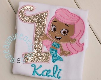 Girls or Boys Bubble Guppies Inspired Applique Embroidered Personalized Tee Shirt, Molly Bubble Puppy - First Second Third Birthday Shirt -