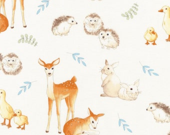 Woodland Animal Baby Quilt Fabric, Robert Kaufman Fawns & Friends 16671 14, World Art Group, Fawn, Bunnies, Foxes, Hedgehogs, Ducks, Cotton