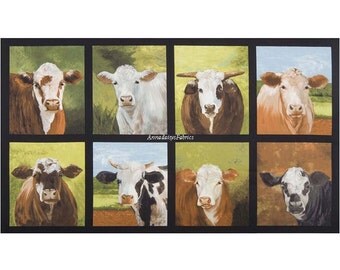 Cows Quilt Fabric Panel, Robert Kaufman Down On The Farm, 16512, Cow Fabric Panel, Farm Animal, Cheri Wollenberg, Sagebrush Fine Art, Cotton