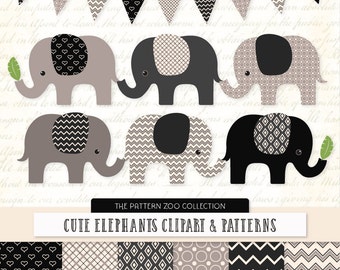 Patterned Black Elephants Clipart and Digital Papers - black Elephant Clipart, Elephant Vectors, Baby Elephants, Cute Elephants