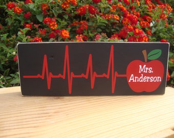Personalized Teacher Block- Teacher Gift, Classroom gift, Teacher apple block, Teacher wood block, Teacher name plate, Heartbeat Sign