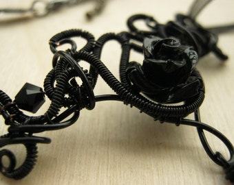 gothic neckalce, gothic jewelry, wire wrapped jewelry, wire wrapped necklace, gothic choker, lolita jewelry - BLACK ROSE necklace