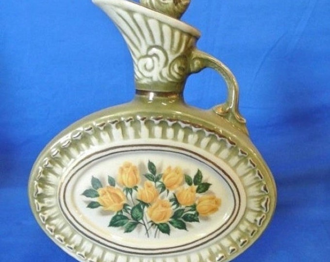 Storewide 25% Off SALE Vintage Original Jim Beam Liquor Decanter Featuring Yellow Rose Floral Centerpiece Style Design With Green & Cream Co