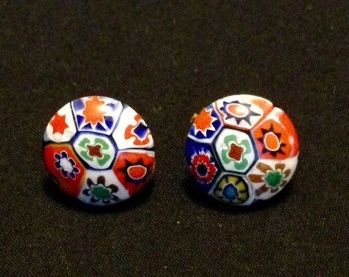 Storewide 25% Off SALE Beautiful Vintage Asian Inspired Millefiori Designer Clip Earrings Featuring Unique Multicolored Patterned Finish And