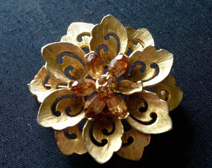 Storewide 25% Off SALE Vintage Designer Gardenia Style Gold Tone Floral Brooch Featuring Amber Colored Rhinestone Accents